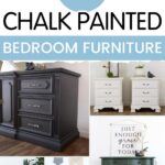 Collage of chalk painted bedroom furniture in navy, white, green, and blue with text overlay at the top.