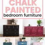 Collage of five colorful chalk-painted dressers with text: 20+ chalk painted bedroom furniture.