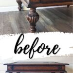 A dark wooden coffee table with ornate legs and before written across the center in cursive text.