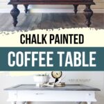 A coffee table before and after painting: dark wood above, white chalk paint finish below.