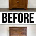 Top: Wood cabinet with doors. Bottom: Wood dresser with drawers. Center text: BEFORE in bold black letters.