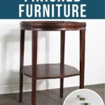 A wooden side table with How to Paint Finished Furniture text and a before-and-after inset image.