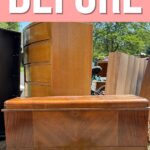 A wooden chest sits outside among other furniture with “BEFORE” written in large letters above it.