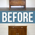 wooden dresser and cabinet are shown, one above and one below the word BEFORE in large white letters.