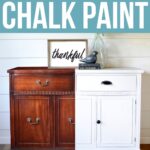 A mahogany cabinet, half painted white with chalk paint, labeled before and after.