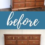 Two images of a wooden dresser with brass handles, shown before any makeover or refinishing work.