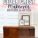 A wooden cedar chest with framed art on top, shown against a white wall and door, before a makeover.