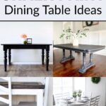 Collage of dining tables painted with chalk paint in various styles and colors.