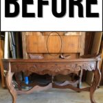 Ornate wooden table with carved details, labeled BEFORE in large letters above the furniture.