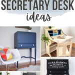 Collage of painted secretary desks in various colors and styles with decorative accents and plants.