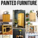 Collage of various yellow chalk-painted furniture pieces, including dressers, cabinets, and side tables.