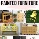 Collage of various yellow chalk-painted furniture pieces, including dressers, chairs, and cabinets.