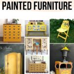 Collage of various yellow chalk-painted furniture pieces, including cabinets, chairs, and dressers.