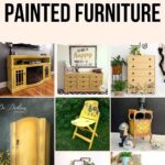 Collage of nine pieces of yellow chalk-painted furniture, including dressers, cabinets, and chairs.