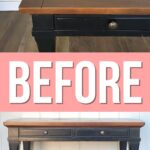 A scratched wooden table with black legs and drawers, labeled BEFORE in bold white text on pink background.