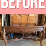 Ornate wooden console table with carved details, shown before any restoration or makeover.