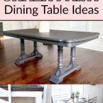 Collage showing chalk-painted dining tables in gray and white finishes with matching chairs in home settings.