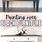 Before: Black table with brown top; After: Same table painted white with brown top, styled with decor items.