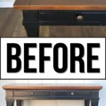 A worn black and brown wooden table with two drawers; text reads BEFORE.