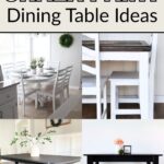 Collage of dining tables painted with chalk paint in white and black, styled with simple décor.