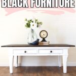 White table with dark top, flowers, clock, and bird decor against a white wall; text reads “Painting over Black Furniture.”.