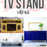 Collage of five painted TV stands in yellow, blue, light blue, white, and teal, with text Painted TV Stand Ideas.