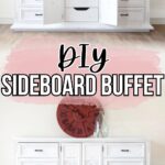 White sideboard buffet with drawers and cabinets, styled with a red clock; doors open in top image.