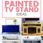 Collage of four painted TV stands in blue, gold, white, and light blue, with text reading 10+ Painted TV Stand Ideas.
