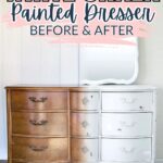 A wooden dresser half unpainted, half painted white, showing a before and after transformation.