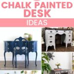 Collage of various desks painted with chalk paint in blue, gray, and white, with decorative accessories.