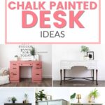 Collage of five chalk-painted desks in different styles and colors with text: 10+ Chalk Painted Desk Ideas.