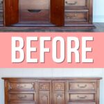 Two images of a vintage wooden dresser with ornate details, labeled BEFORE in bold white text.