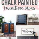 Collage of modern chalk painted furniture, including blue, pink, black, and green dressers and desks.