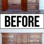 A wooden dresser with ornate details shown before a makeover, drawers and doors open and closed.