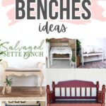 Collage of five painted benches in various styles and colors with the text Painted Benches Ideas above.