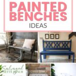 Collage of five painted benches with text overlay: 10+ Painted Benches Ideas in large pink letters.
