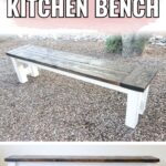 A wooden kitchen bench with a dark stained top and white painted legs, shown indoors and outdoors.