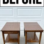 Two vintage wooden side tables with gold feet sit in front of a white garage door; “BEFORE” text above.