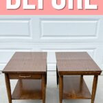Two vintage wooden side tables with brass feet, shown outdoors in front of a garage, labeled BEFORE.