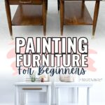 Two brown wooden tables shown before, then painted white and styled with decor in the after image.