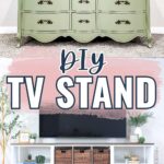 Split image: Top shows an old green dresser; bottom shows it transformed into a modern white TV stand.