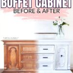 A buffet cabinet half unpainted wood, half painted white, with flowers on top and text above it.
