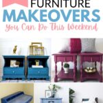 Collage of colorful chalk-painted furniture makeovers, including blue desks and purple side tables.