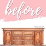 A vintage wooden dresser with ornate details, labeled before on a pink and white background.