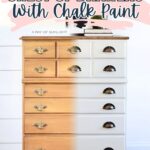 A chest of drawers half painted with chalk paint, showing a before and after transformation.