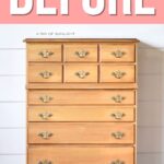 A plain wooden dresser with brass handles stands against a white shiplap wall; BEFORE is written above.