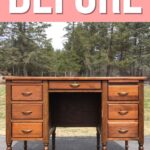 A vintage wooden desk with six drawers outdoors, labeled BEFORE on a pink background at the top.