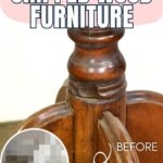 Wooden table leg with chipped area labeled before, and a blurred circle labeled after showing repaired wood.