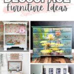 Collage of four decoupaged furniture pieces in various floral and artistic designs with the text Decoupage Furniture Ideas.