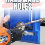 Close-up of hands using a drill and jig tool to make new hardware holes on a drawer front.